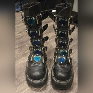 Black Combat Boots with Heart Accents